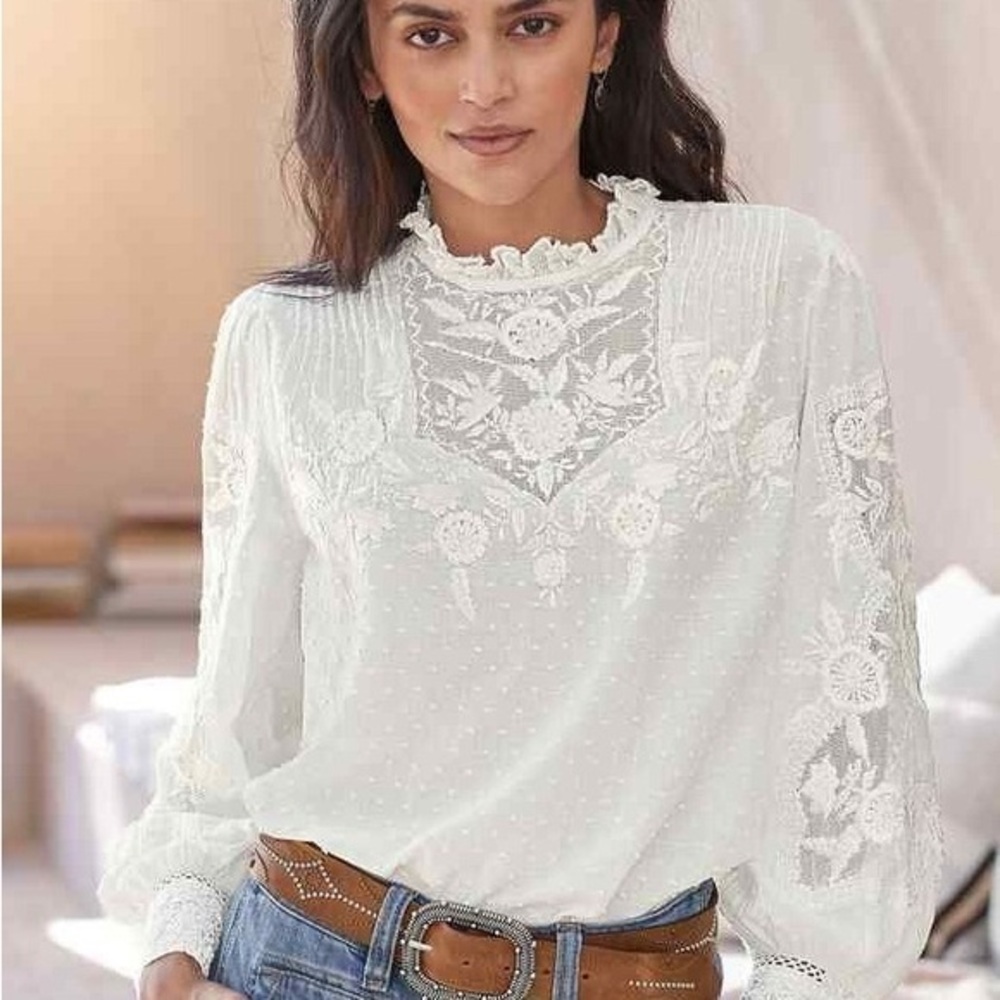 Sundance White Ruffled Bib Collar Blouse